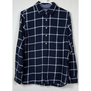 Tommy Hilfiger Popover Shirt Medium Navy White Plaid Flannel Long Sleeve